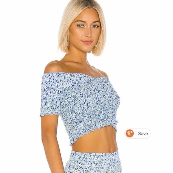 Poupette St. Barth Soledad Blue floral Off-Shoulder smocked Crop Top - Picture 1 of 6